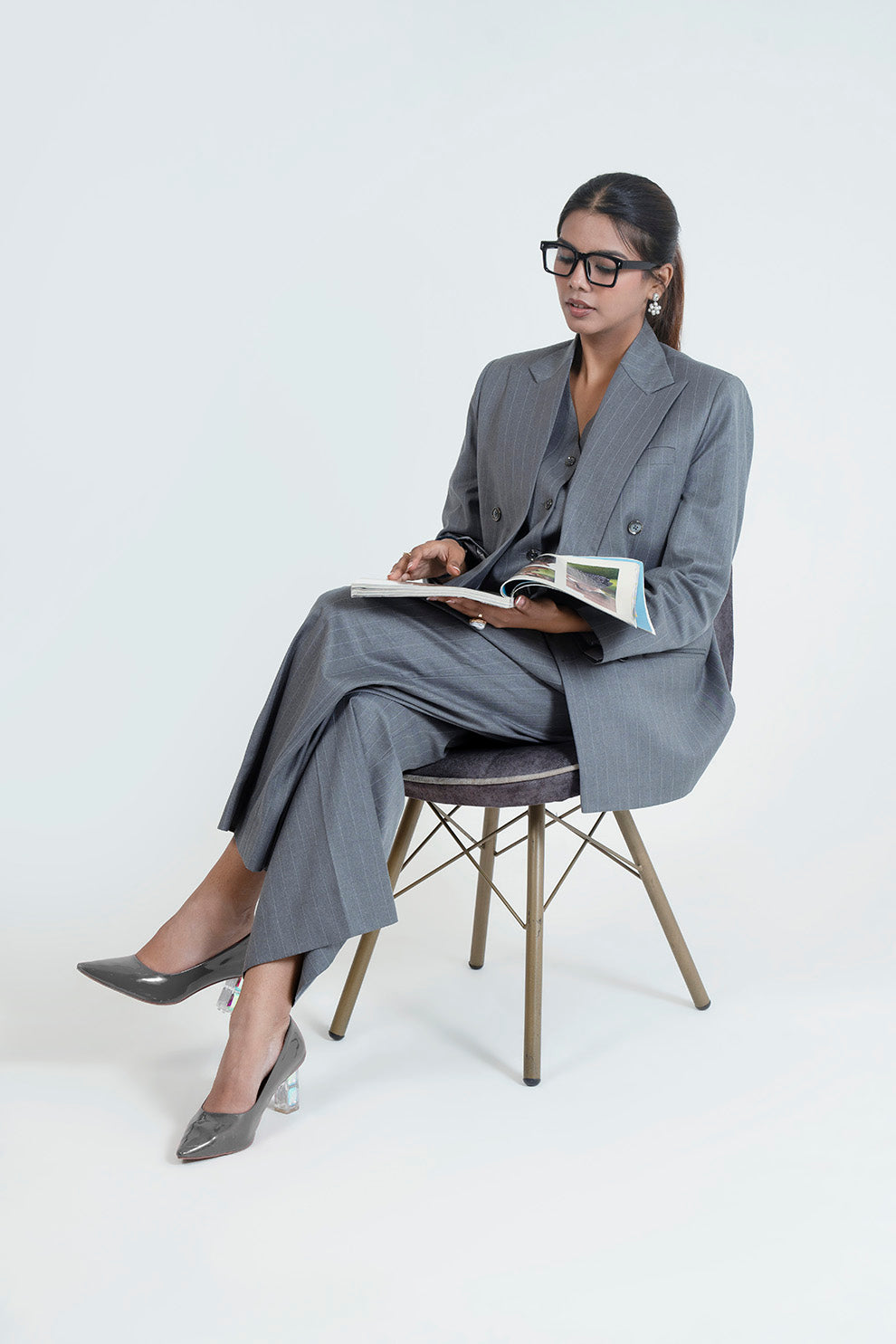 Grey Pinstripe Three-Piece Women’s Power Suit