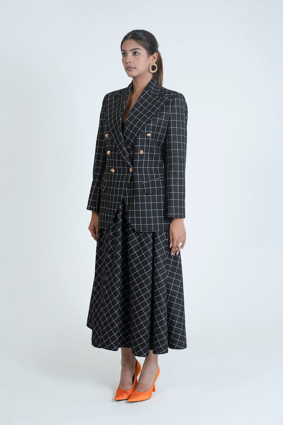 Black Windowpane Check Suit Skirt Set