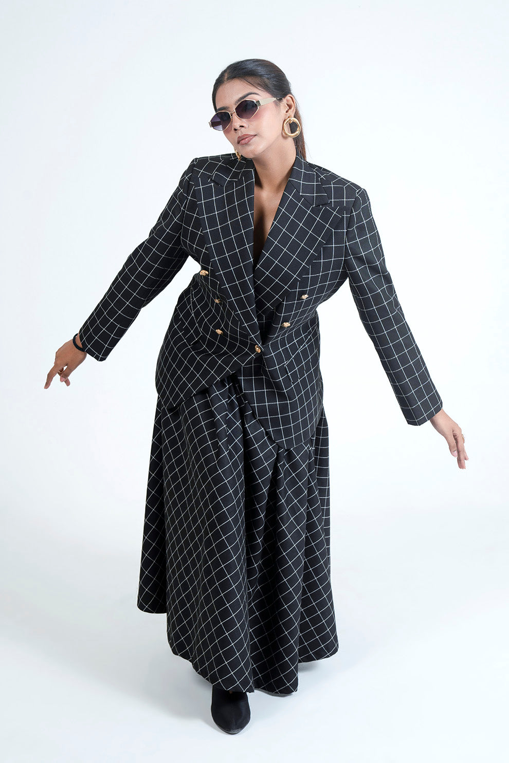 Black Windowpane Check Suit Skirt Set