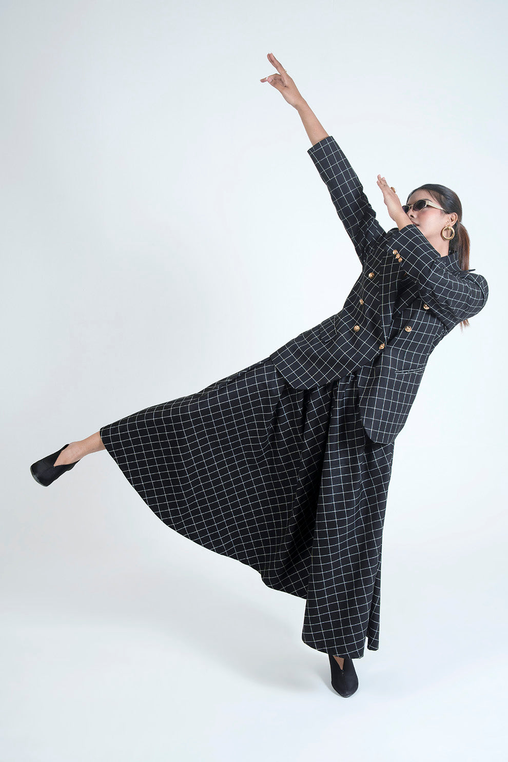 Black Windowpane Check Suit Skirt Set