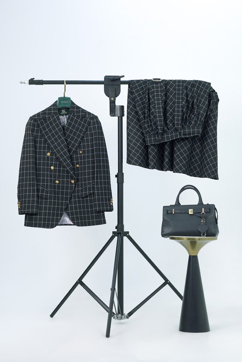 Black Windowpane Check Suit Skirt Set