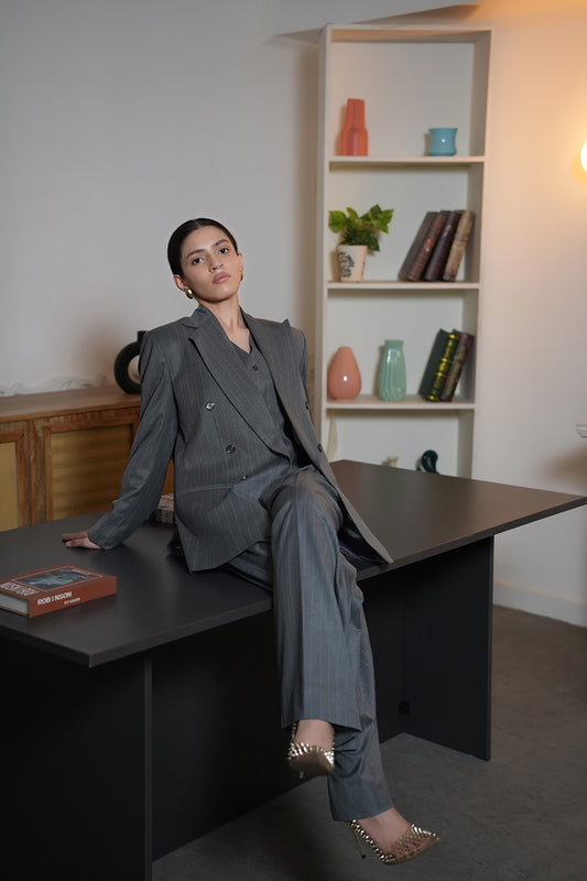 Grey Pinstripe Three-Piece Women’s Power Suit