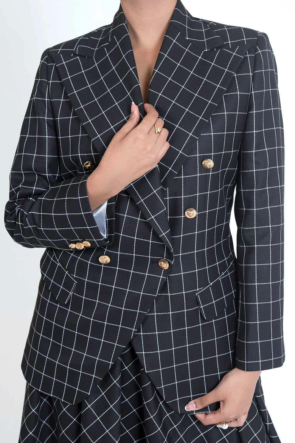 Black Windowpane Check Suit Skirt Set