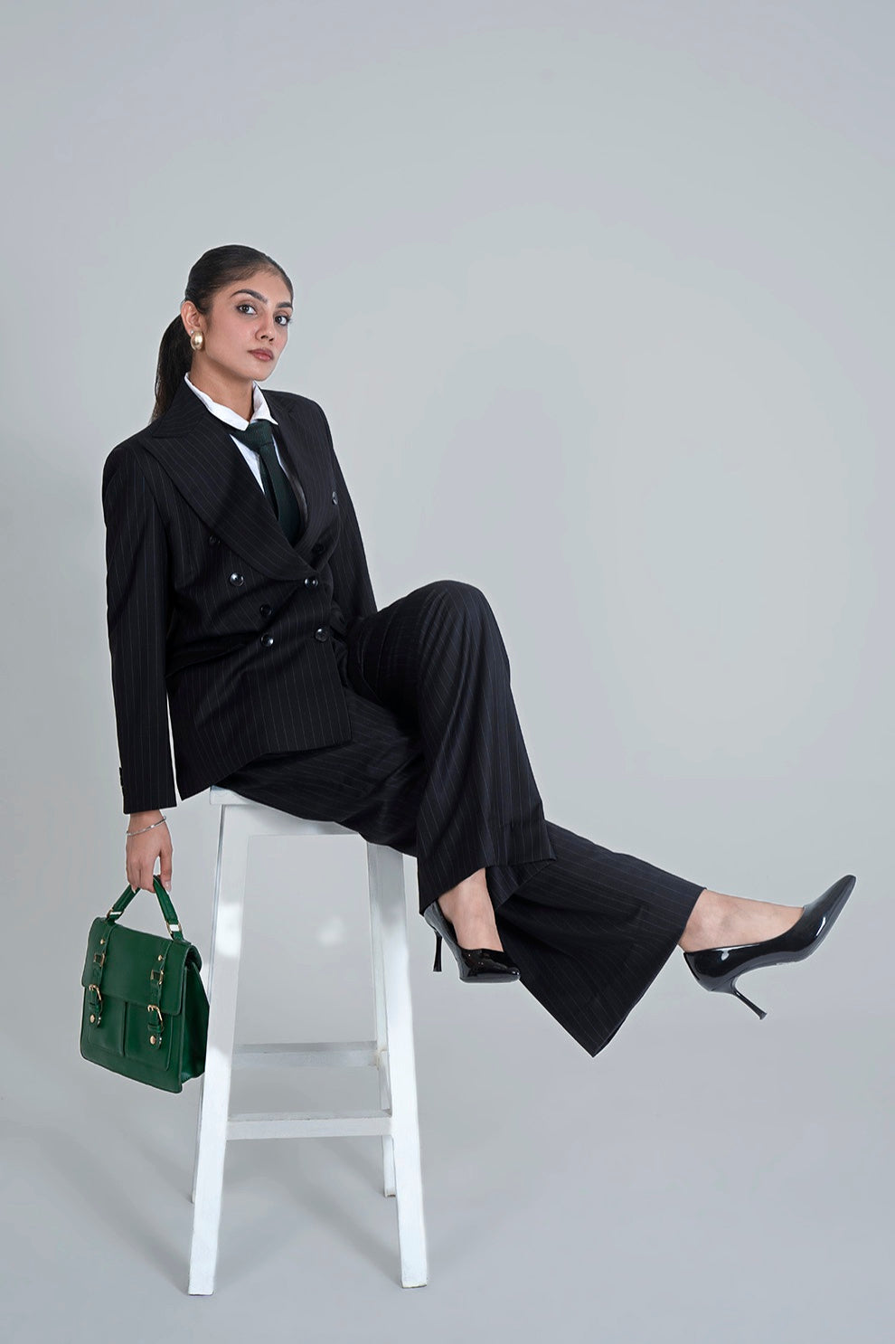 Black Pinstripe Tailored Women’s Pant Suit