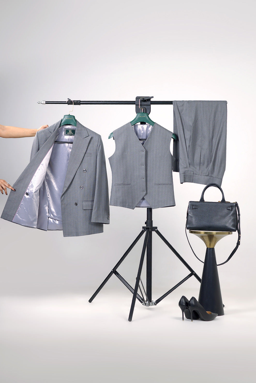 Grey Pinstripe Three-Piece Women’s Power Suit