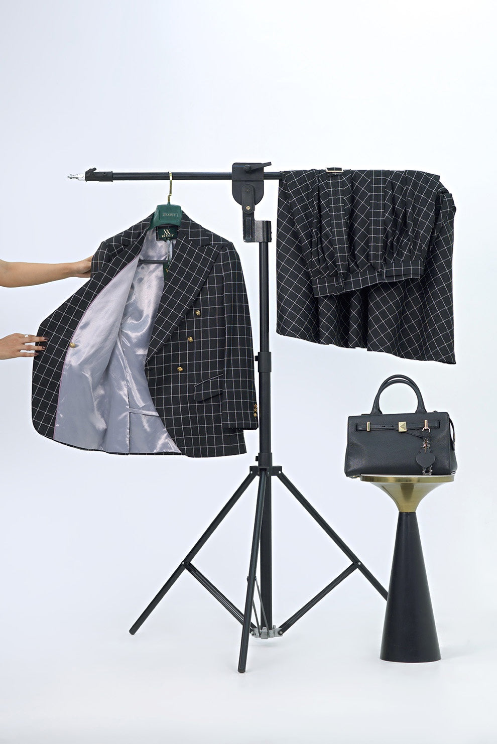 Black Windowpane Check Suit Skirt Set