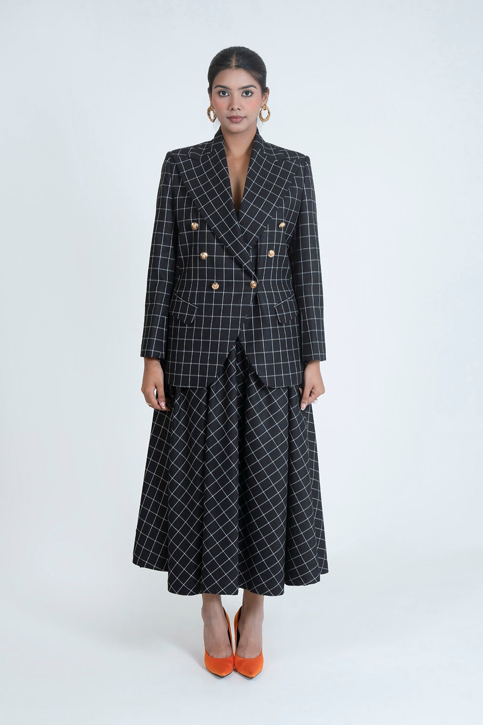 Black Windowpane Check Suit Skirt Set